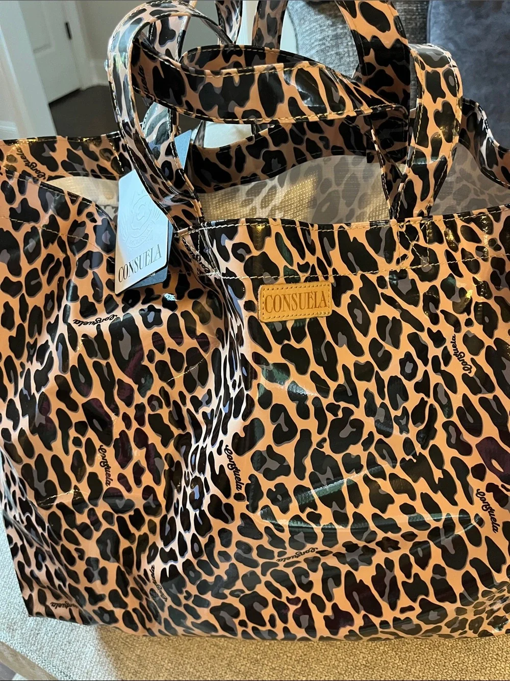 Consuela Leopard-Print Patent Tote in Brown & Black